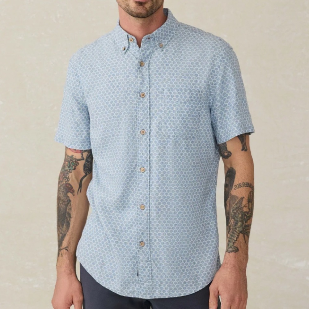 Faherty Short Sleeve Breeze Shirt Indigo Dyed Button Down Fish Scale Redux Blue‎